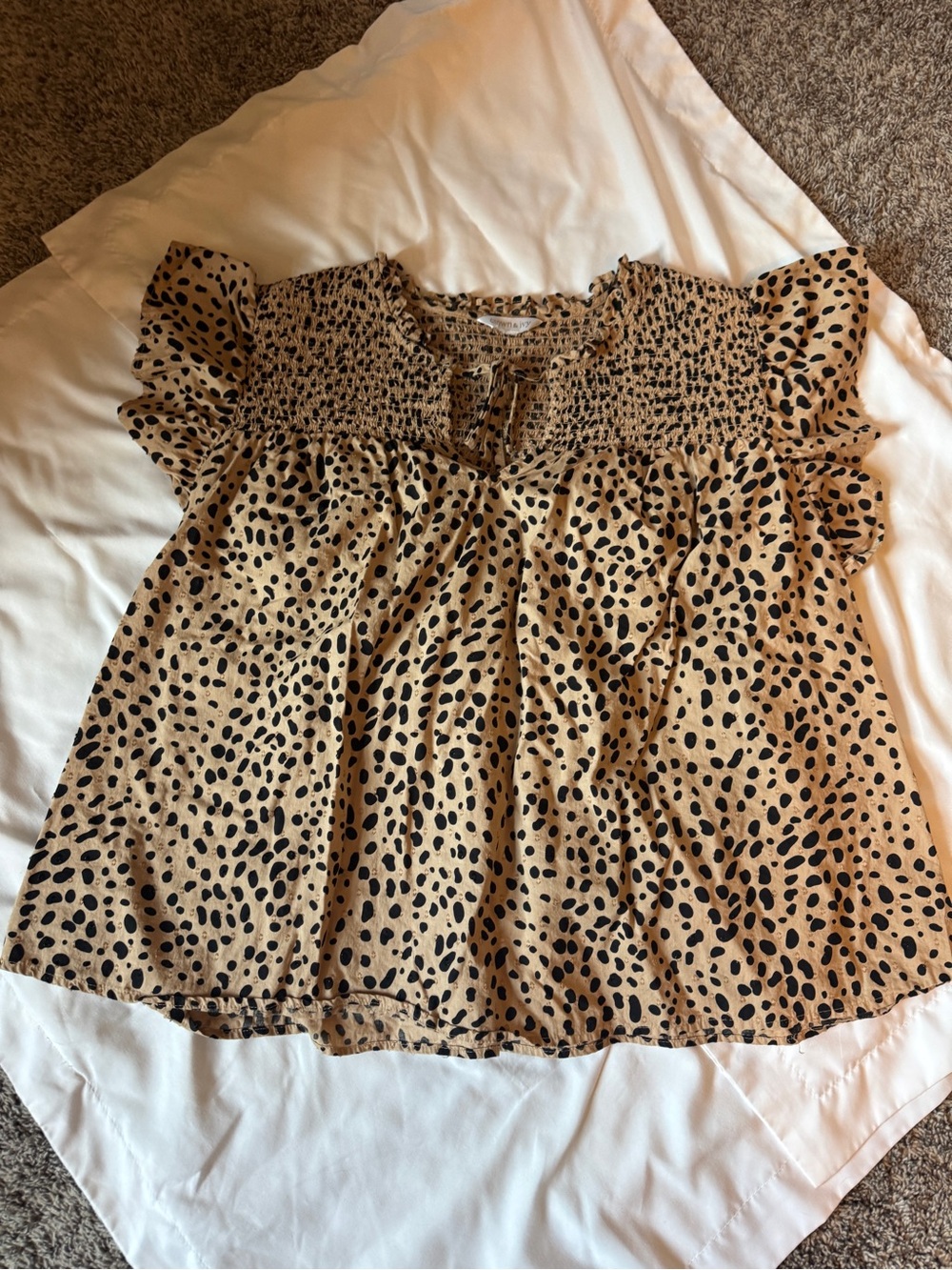 crown & ivy Tan Blouse with Black Spot Print and Flutter Sleeves